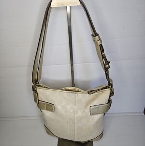 Vintge COACH Shoulder Bag Signature 2WAY Canvas And Leather With Metallic Gold .
